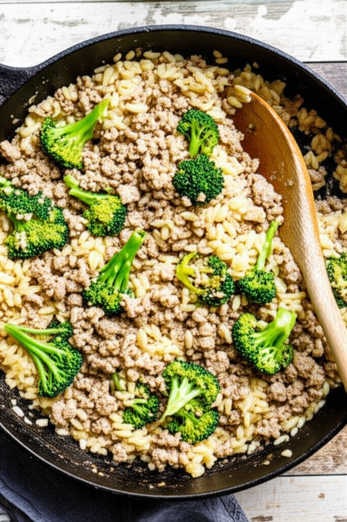 Orzo with ground turkey and broccoli in skillet