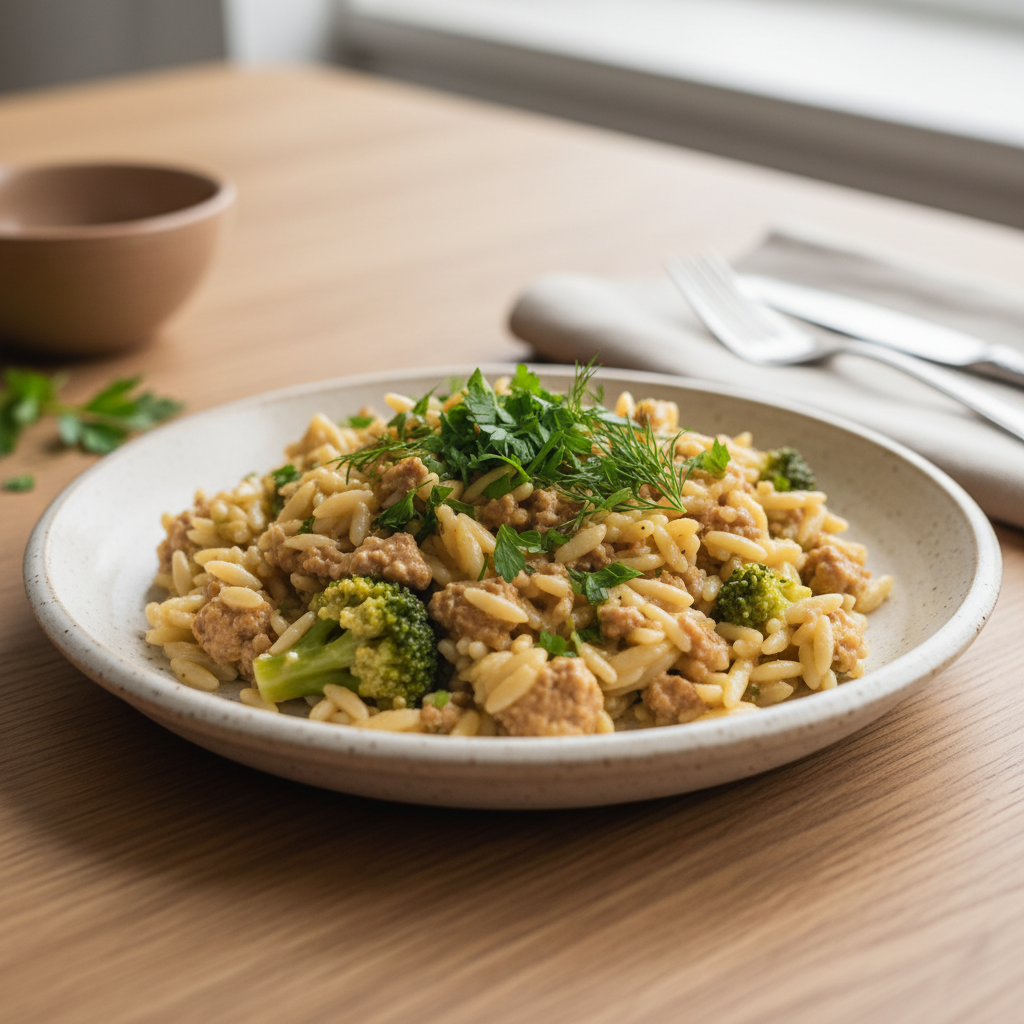Finished orzo with ground turkey and broccoli
