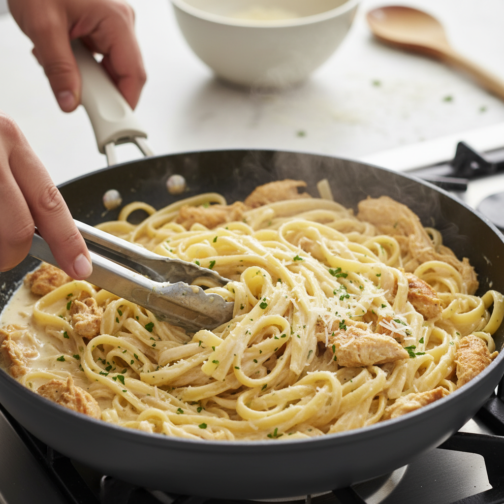 Mixing cooked pasta with shredded chicken and Alfredo sauce