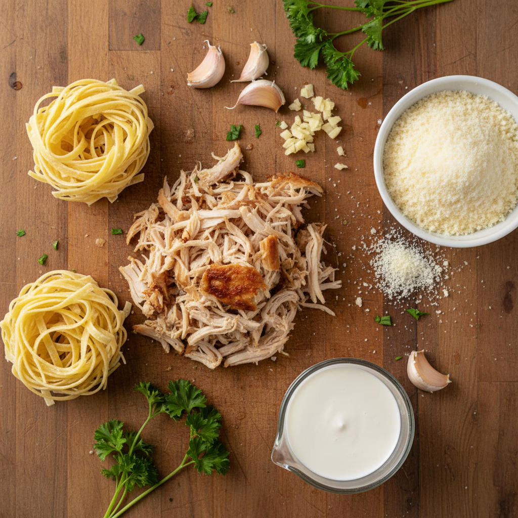 Ingredients for Alfredo pasta with creamy rotisserie chicken