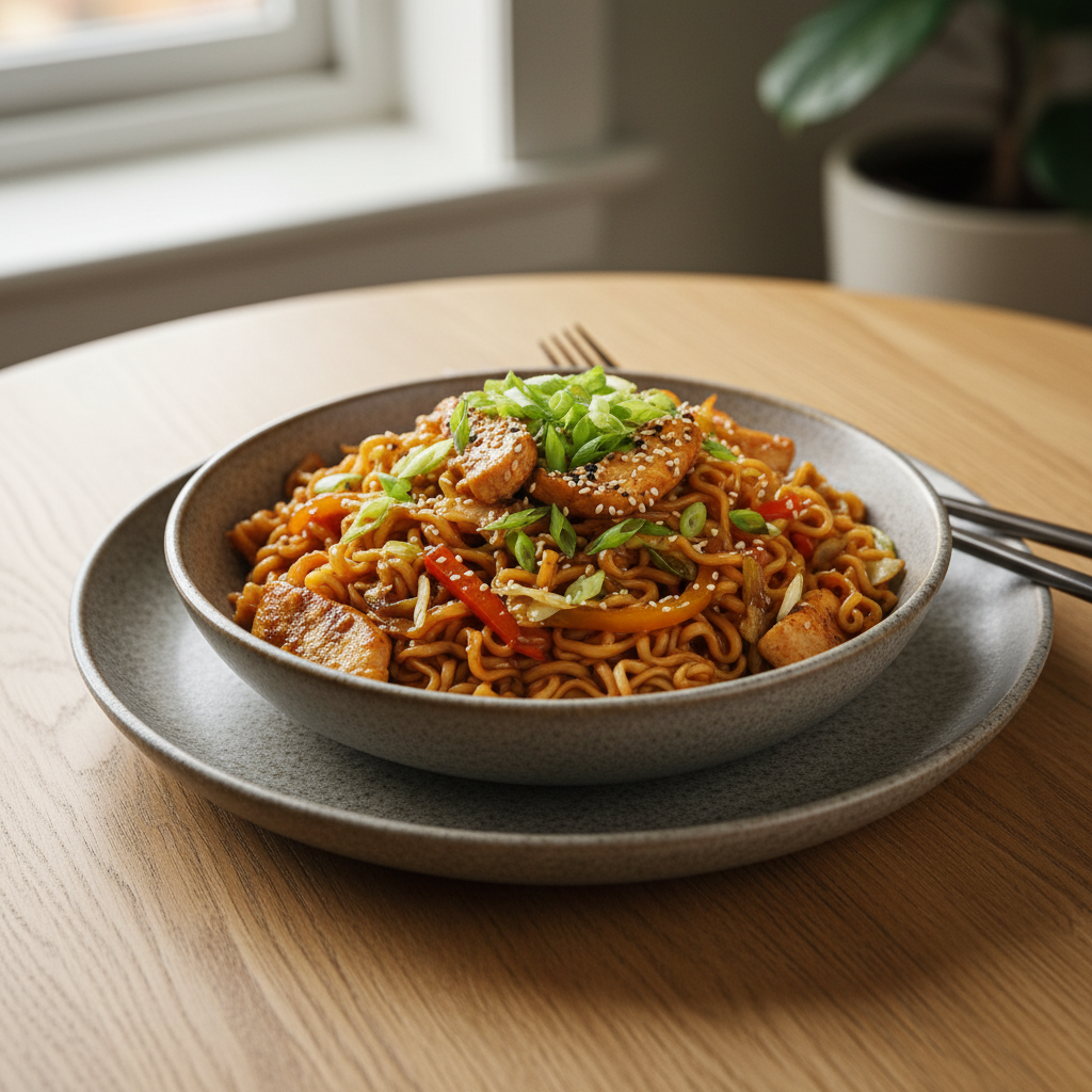 Chicken ramen stir fry served hot and garnished