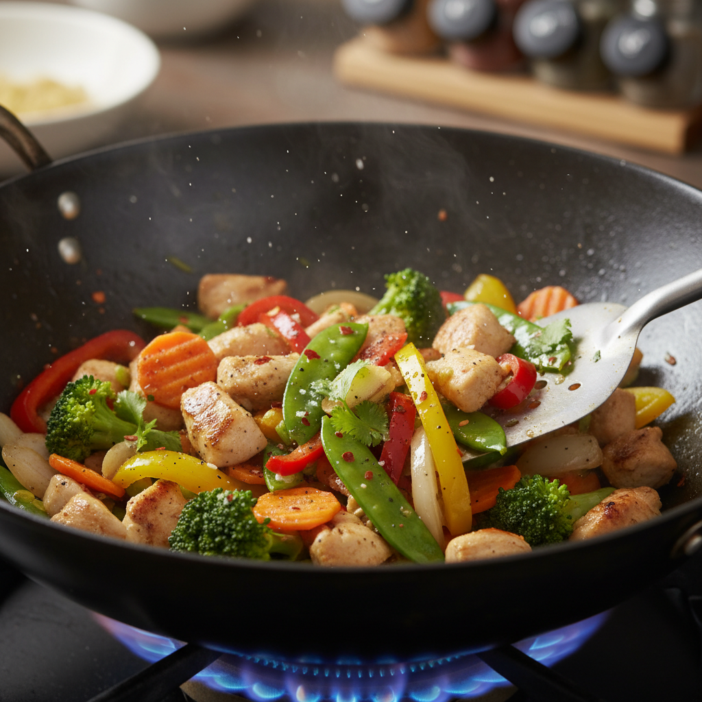 Chicken cooking in wok for stir fry