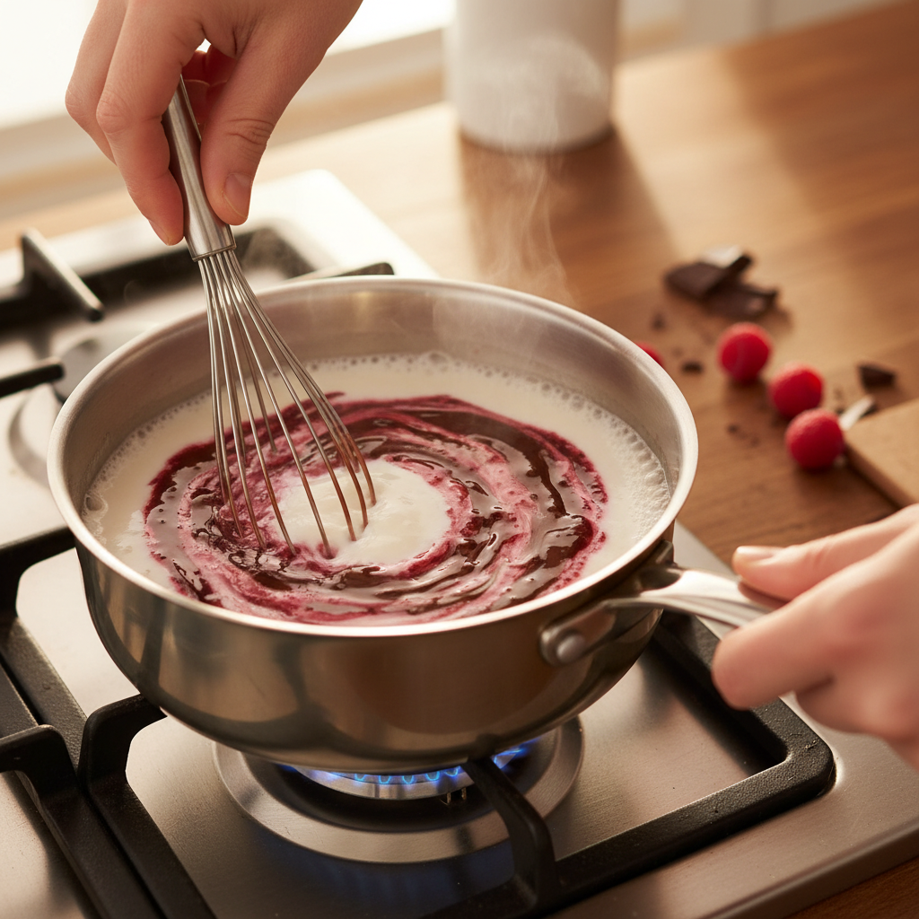 Adding syrups to heated milk for Raspberry Mocha