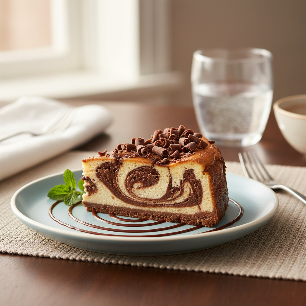 Sliced chocolate swirl cheesecake ready to serve