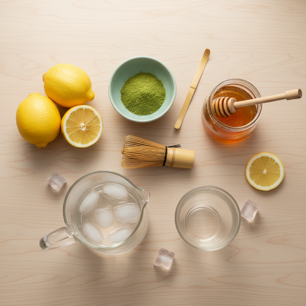 Ingredients for matcha lemonade laid out on table