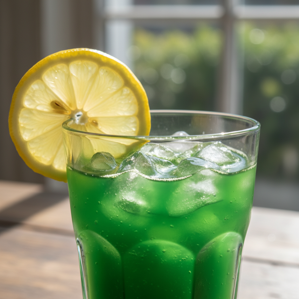 Matcha lemonade with decorative lemon and fresh mint