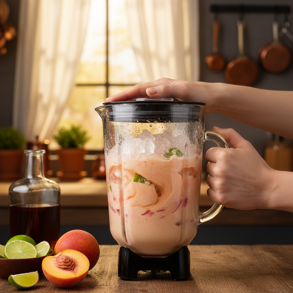 Blender mixing Peach Daiquiri ingredients