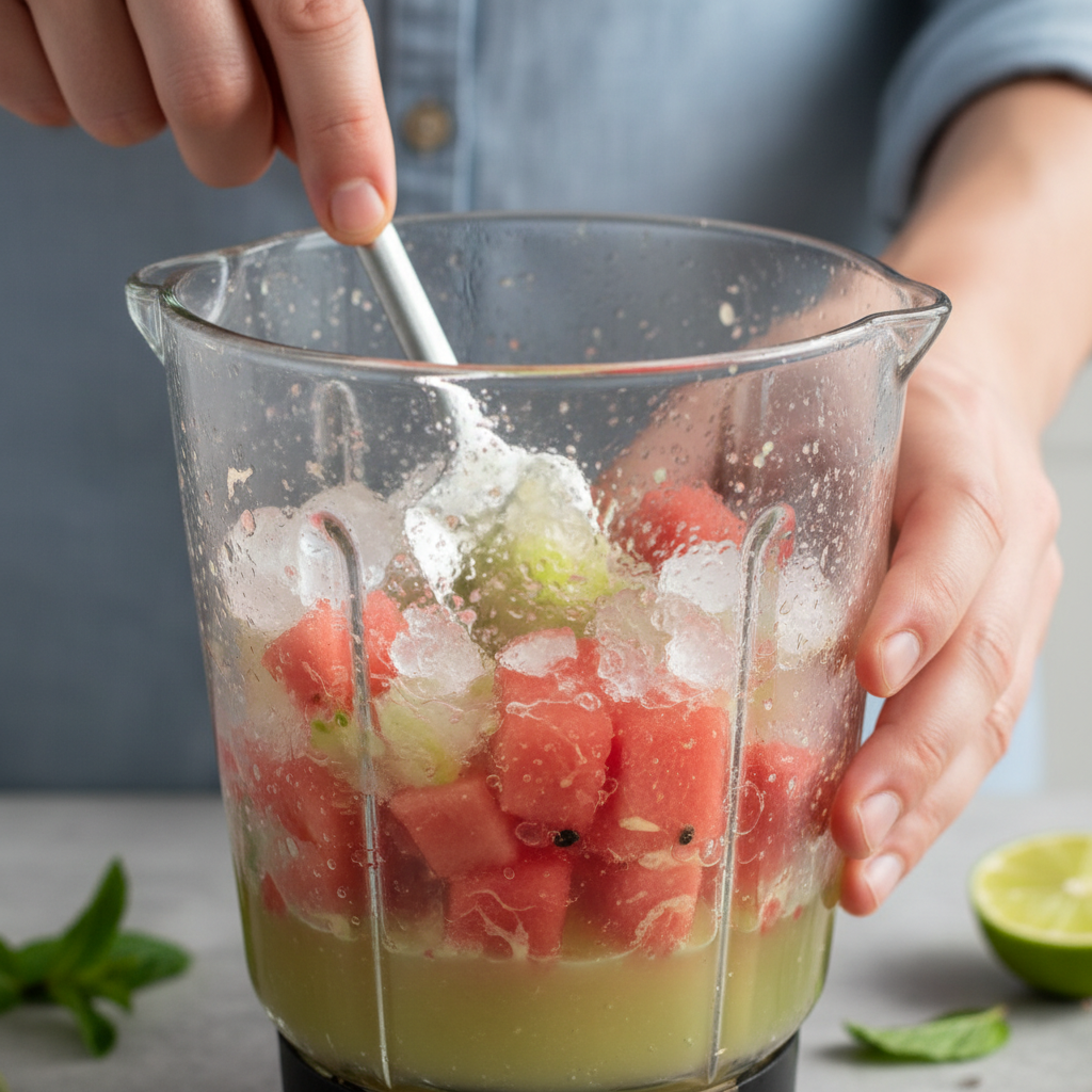 Blending watermelon daiquiri ingredients in blender