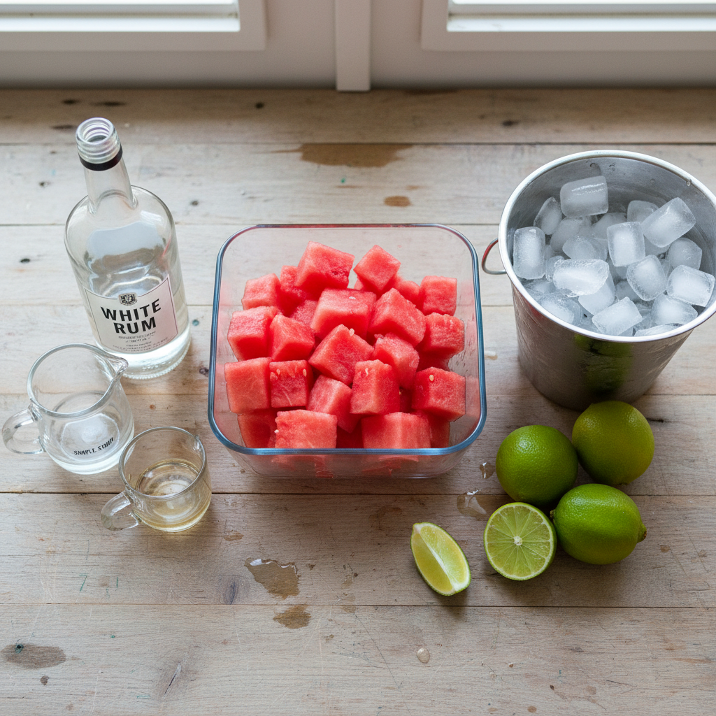 Fresh watermelon and cocktail ingredients laid out