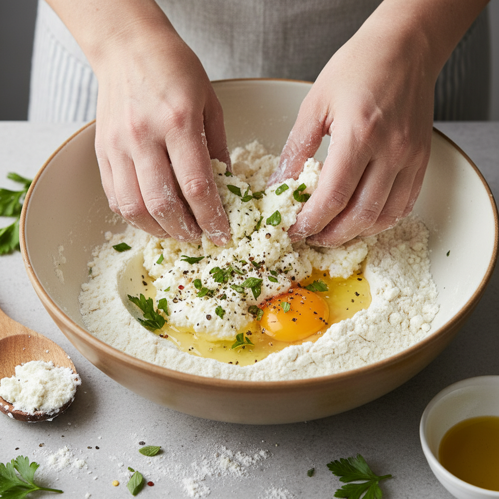Mixing Ricotta Fritters ingredients in bowl