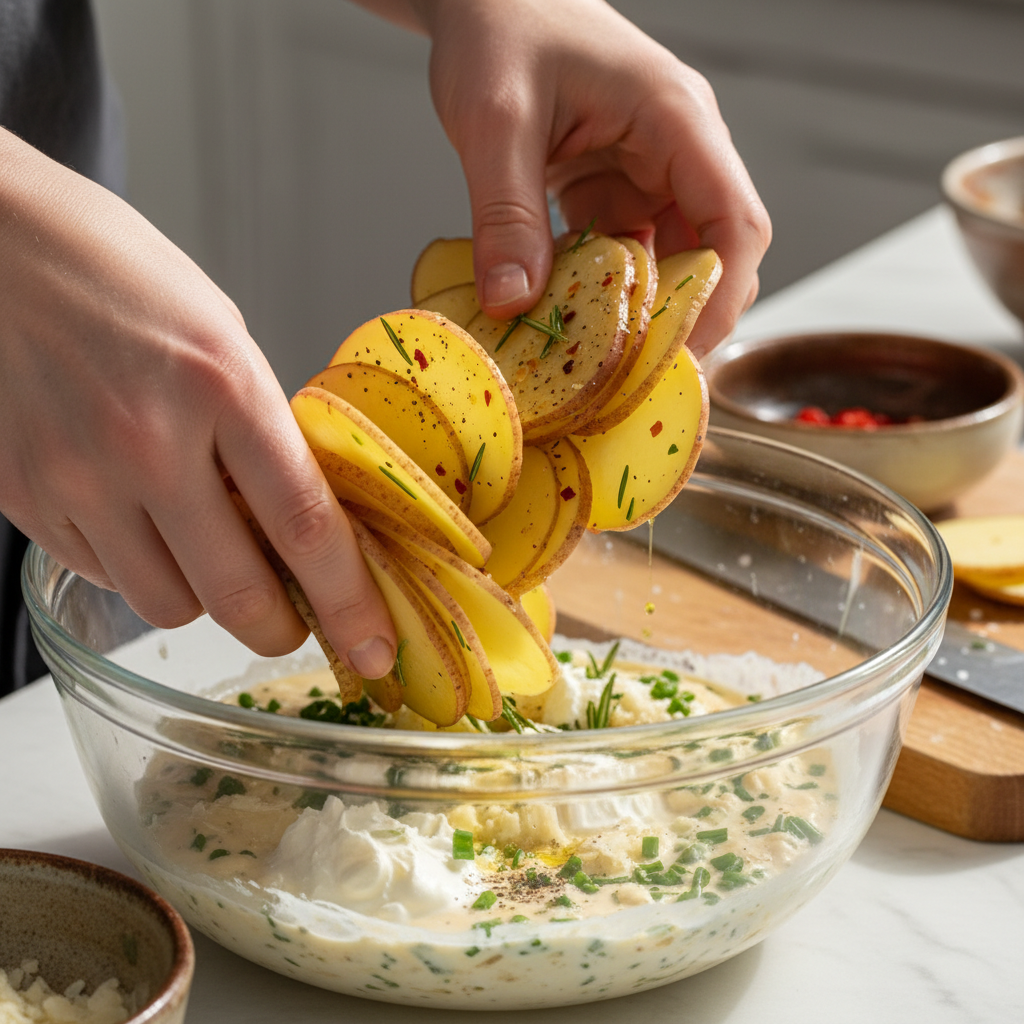 Creamy cheese and garlic sauce for potatoes au gratin