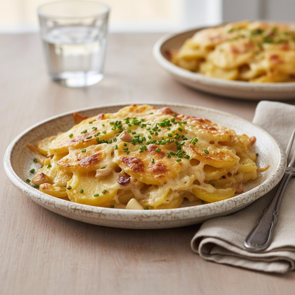 Finished roasted garlic potatoes au gratin topped with fresh chives