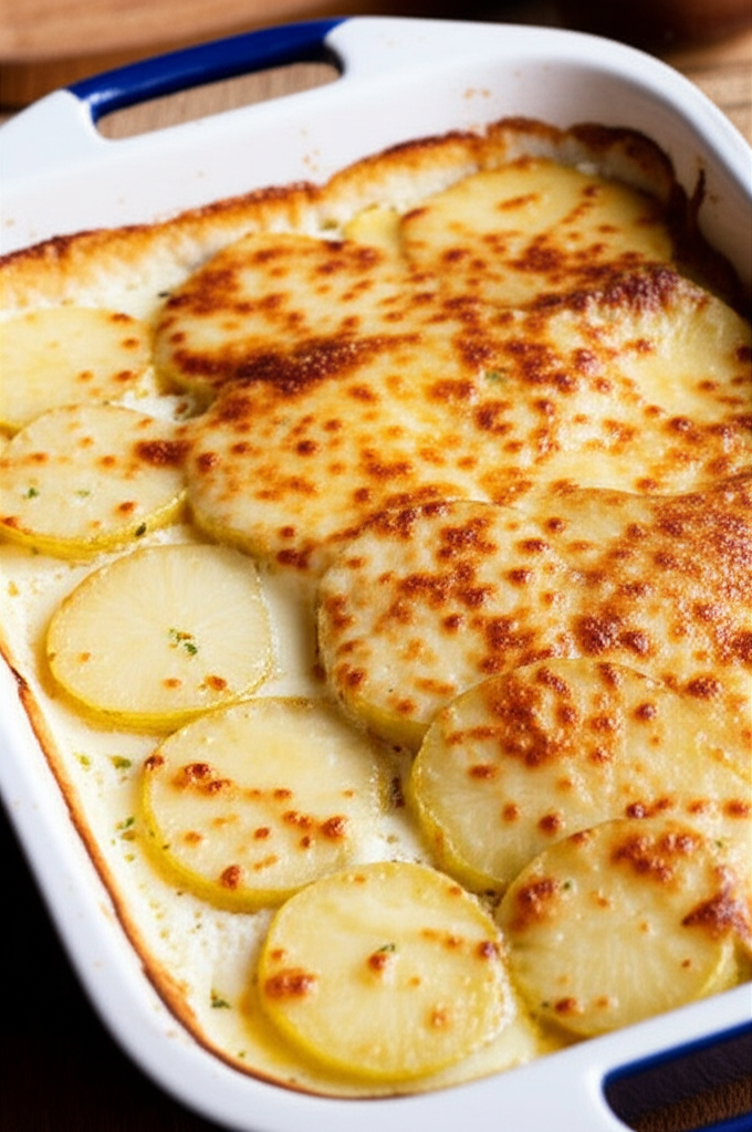Layered roasted garlic potatoes au gratin in baking dish