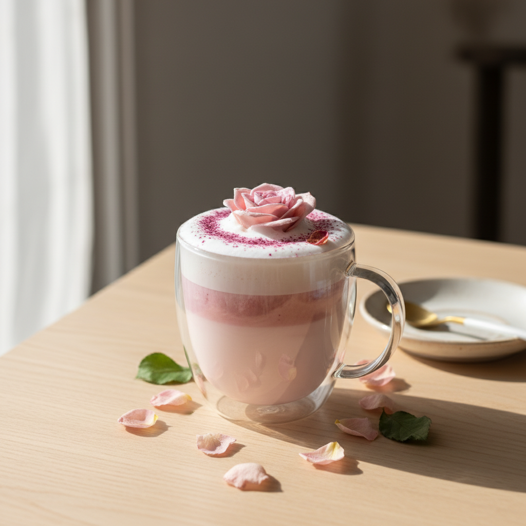Finished Rose Vanilla Latte with rose petals garnish
