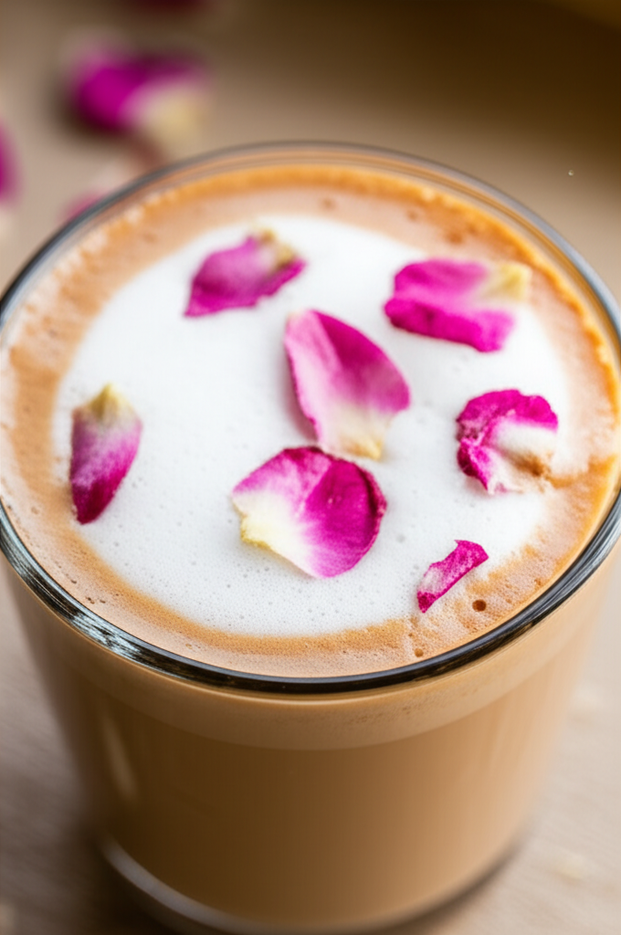 Rose Vanilla Latte in a cup with rose petals