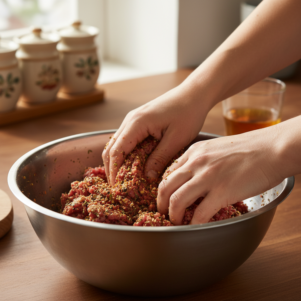 Mixing the beef mixture for Salisbury Steak