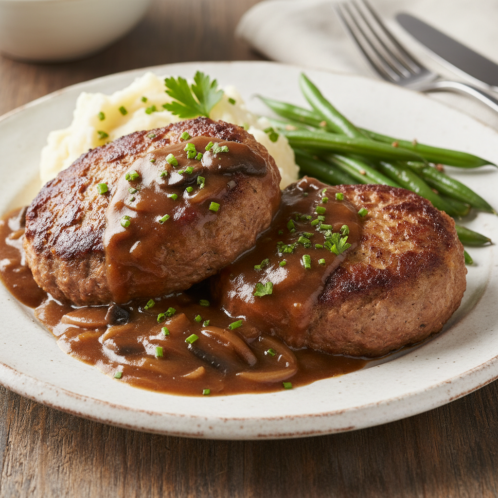 Serving Salisbury Steak with mashed potatoes and gravy