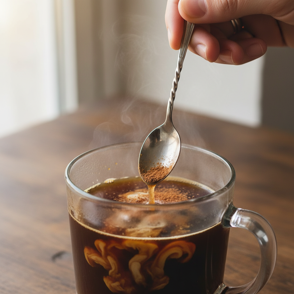 Whisking cinnamon into coffee