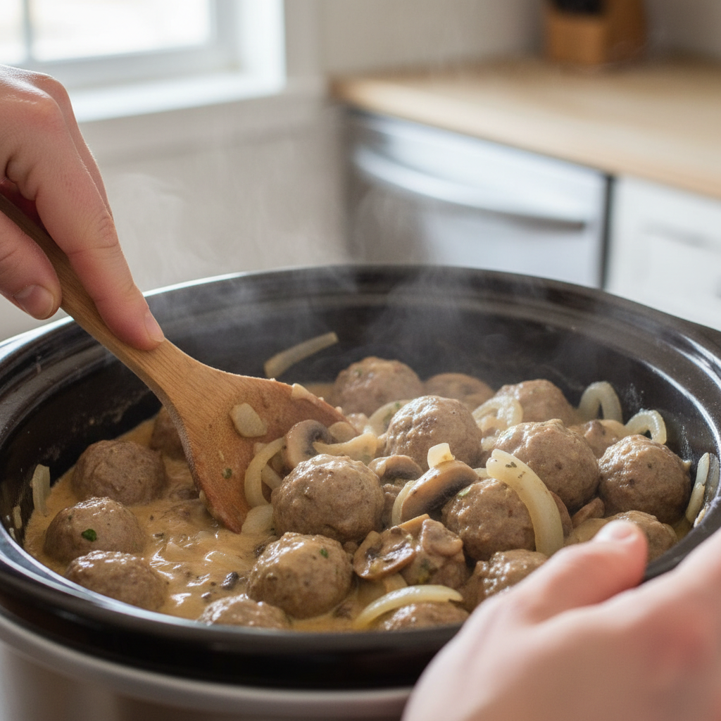 Mixing meatballs, onions, and sauce ingredients in the slow cooker