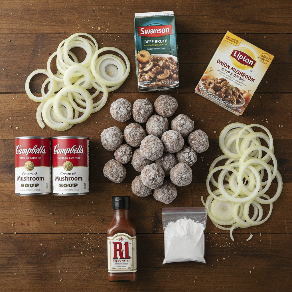 Bag of frozen meatballs and ingredients for Salisbury steak meatballs