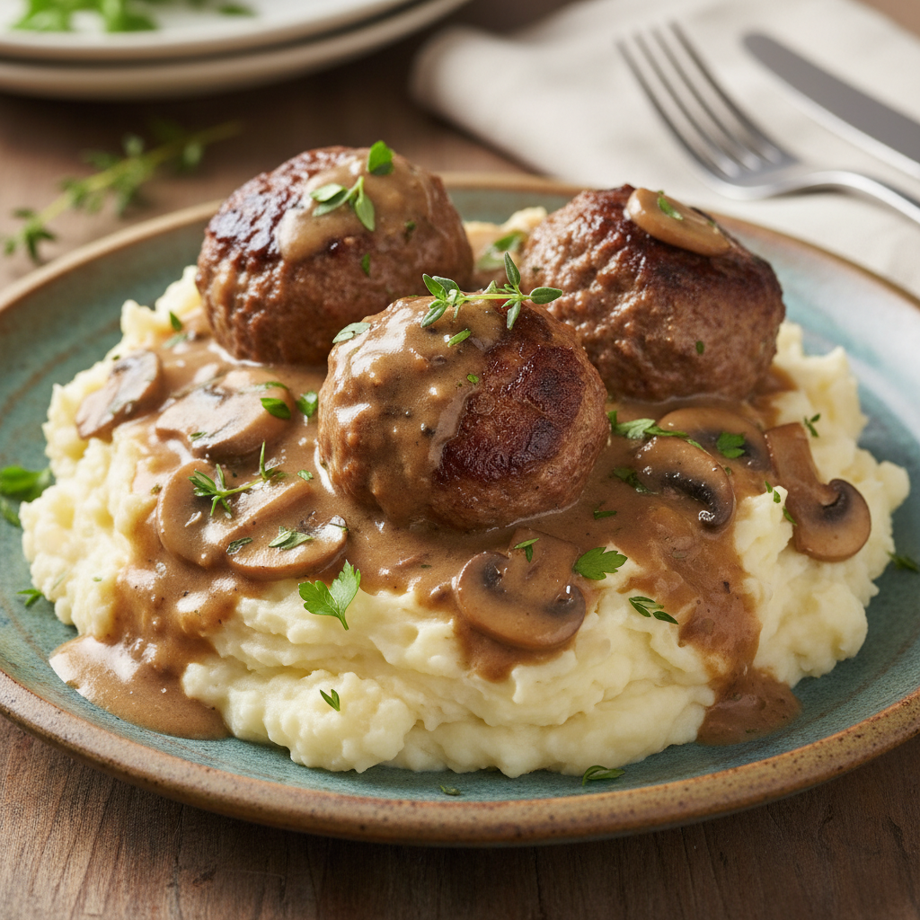Serving Salisbury steak meatballs with mashed potatoes and egg noodles