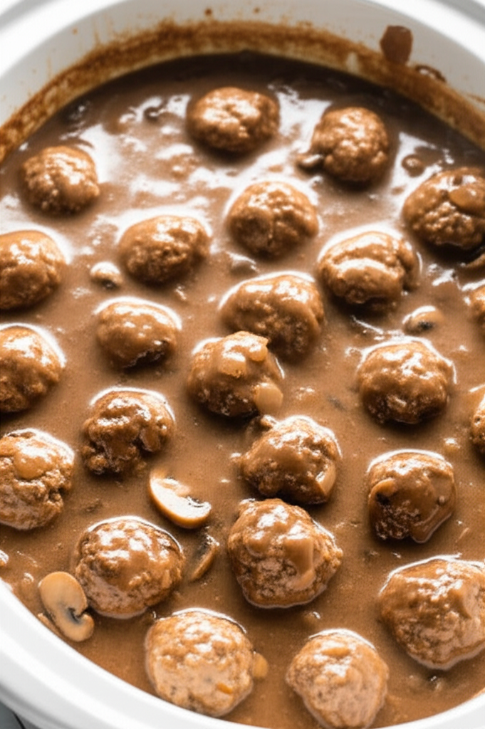 Slow cooker Salisbury steak meatballs in thick gravy