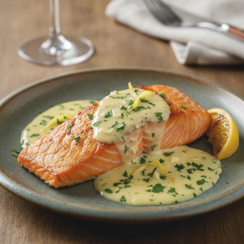 Final serving of salmon with sauce