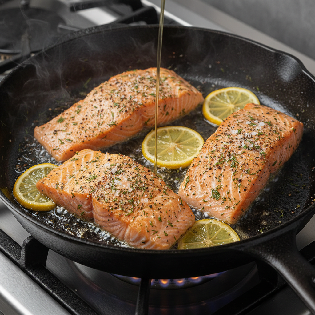 Searing salmon in skillet
