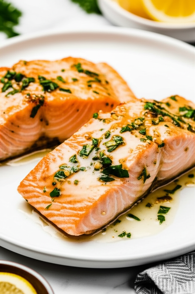Salmon with garlic lemon butter sauce dish