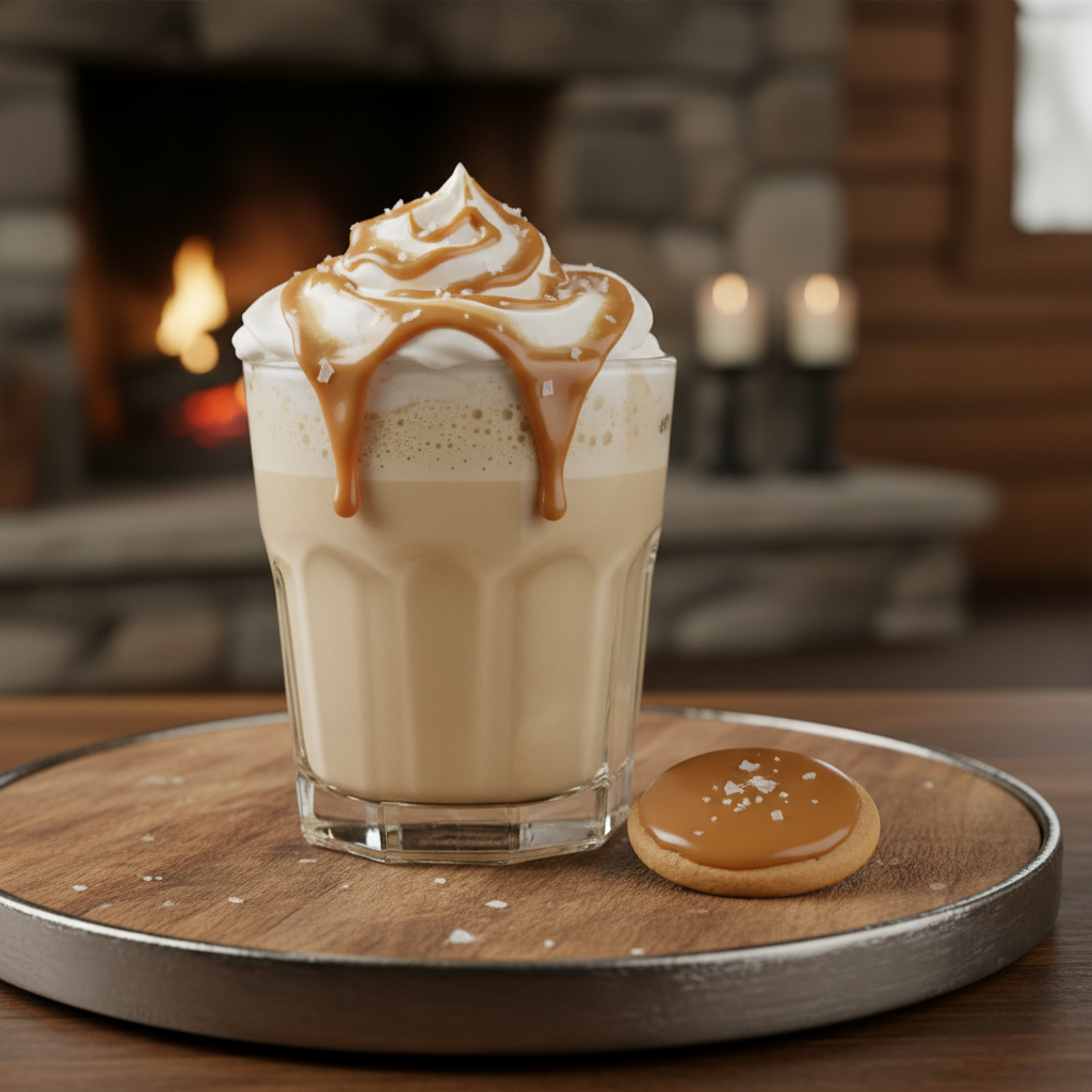 Served Salted Caramel Eggnog with whipped cream and cinnamon stick