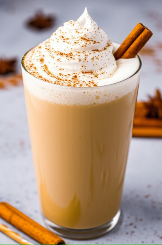Salted Caramel Eggnog in a festive glass with caramel drizzle