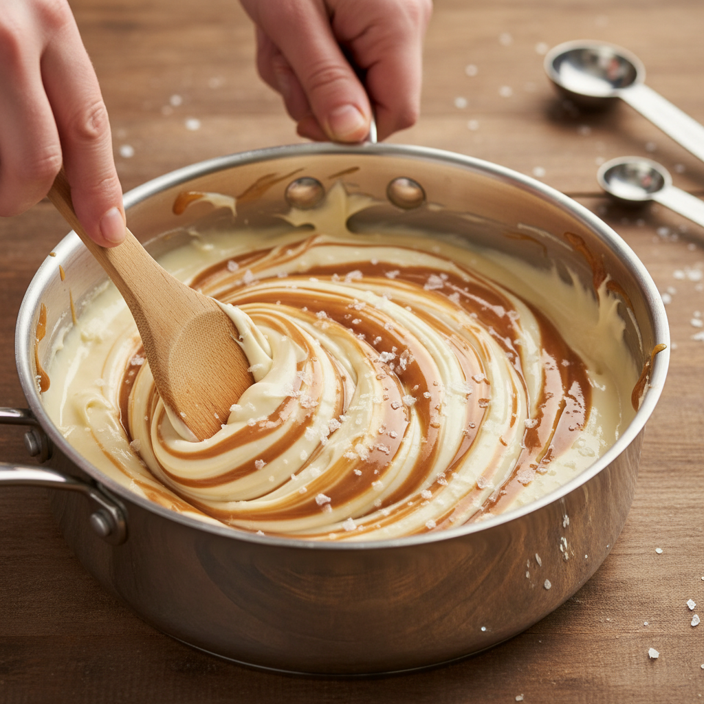 Mixing caramel, vanilla, and salt into melted chocolate