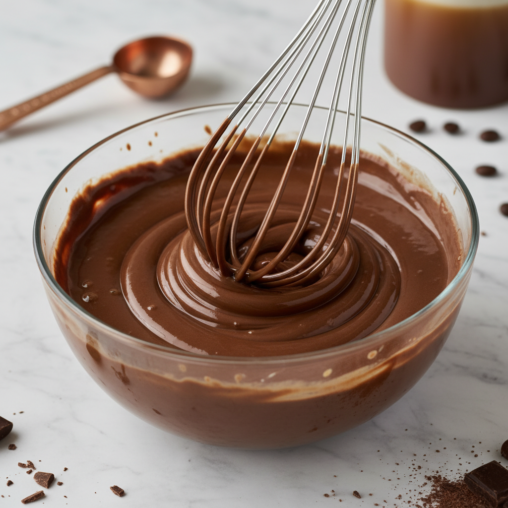 Whisk mixing coffee, almond milk, caramel, cocoa powder, maple syrup, chocolate protein powder, and sea salt in glass bowl