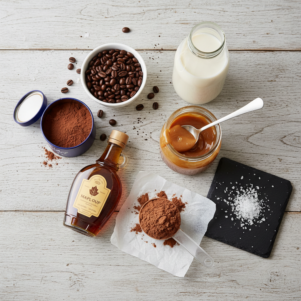 Ingredients for Salted Caramel Mocha Ice Pops lined up on counter