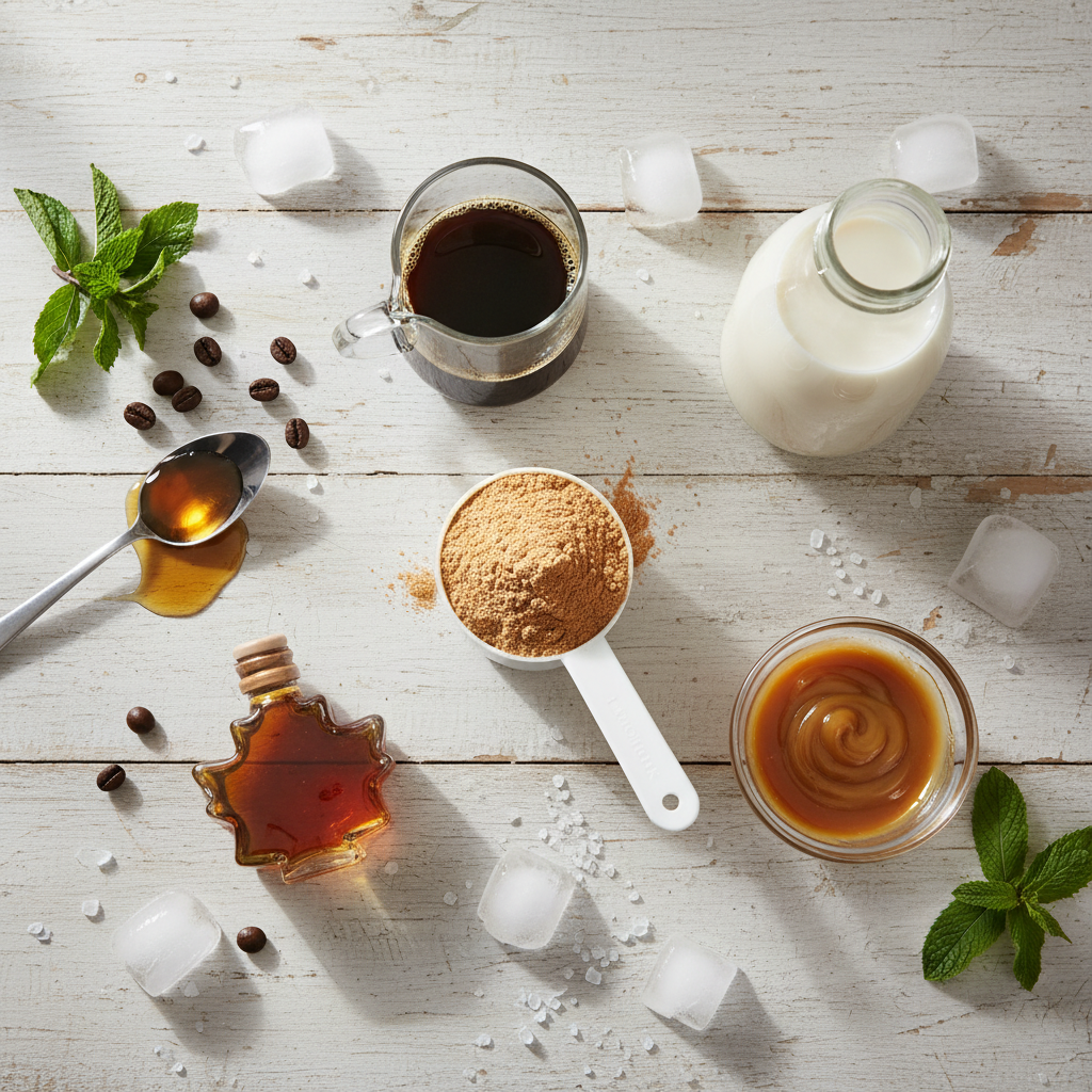 Ingredients for Salted Caramel Protein Coffee displayed on table