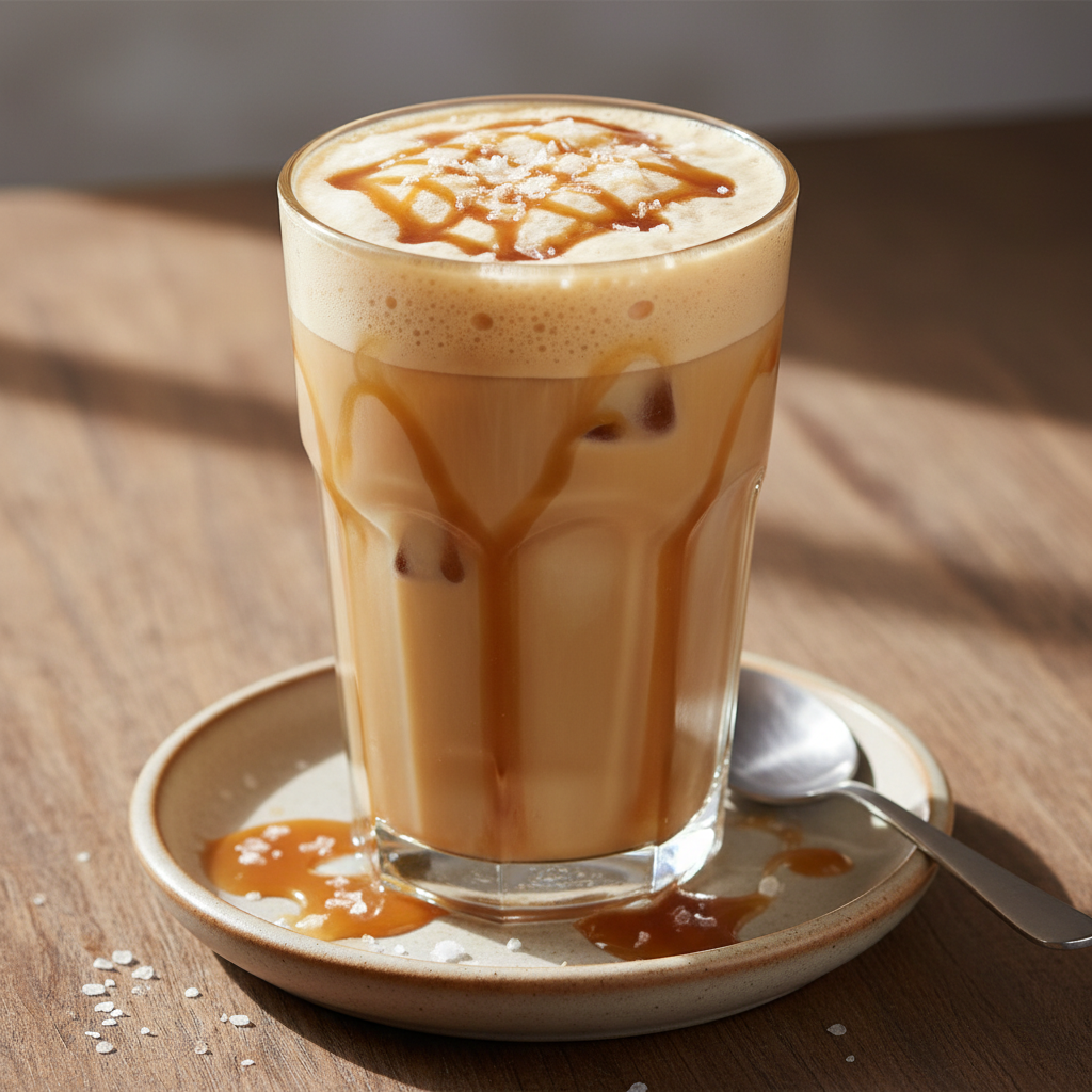 Finished Salted Caramel Protein Coffee drink ready to enjoy