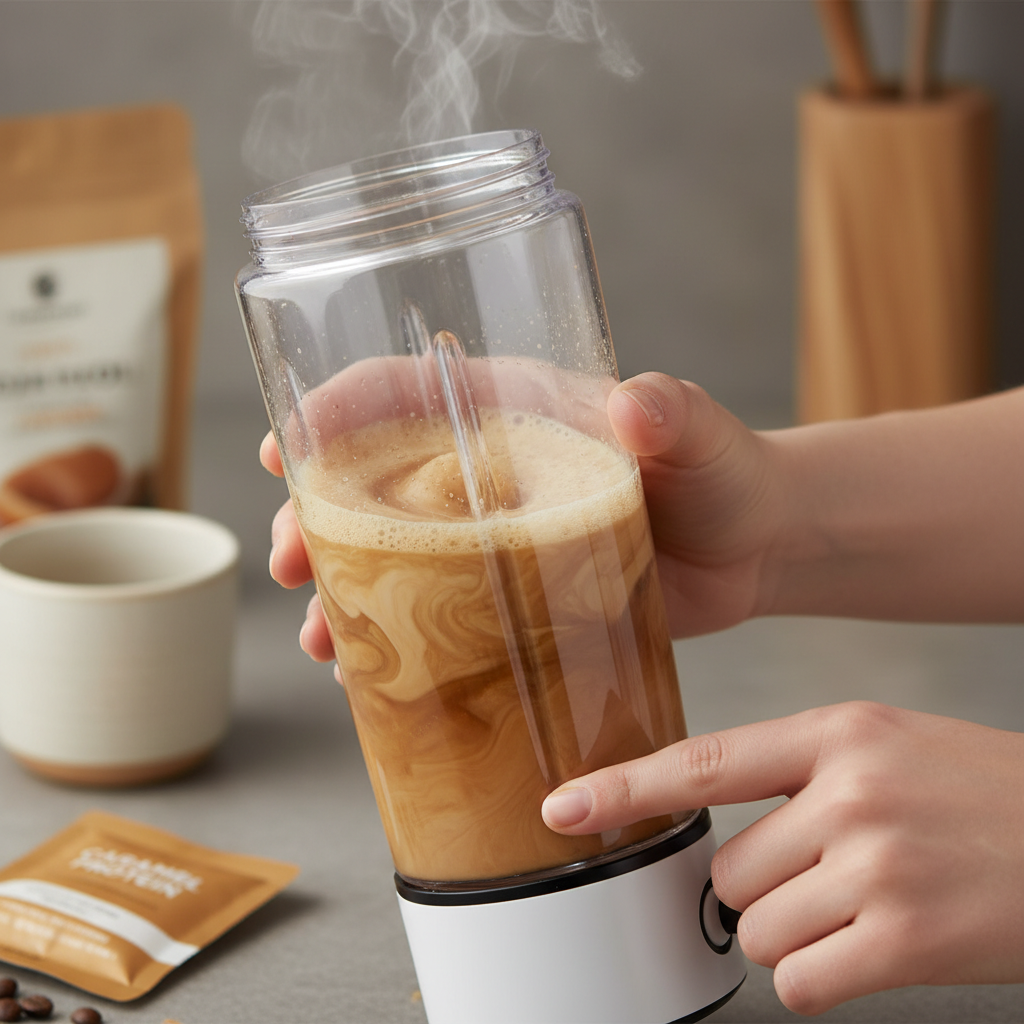 Blending the Salted Caramel Protein Coffee to smoothness