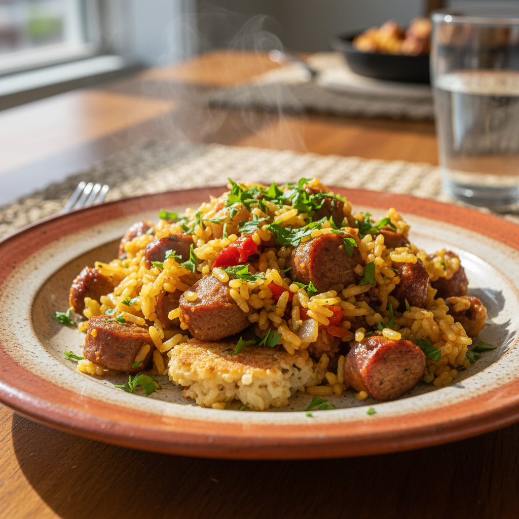 Garnished Sausage and Rice Skillet ready to serve