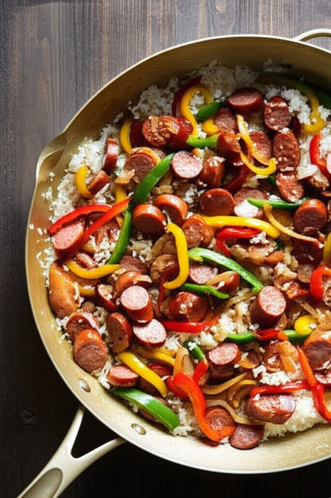 Sausage and Rice Skillet dish served hot
