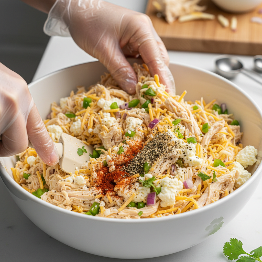 Mixing chicken, cheeses and vegetables for filling