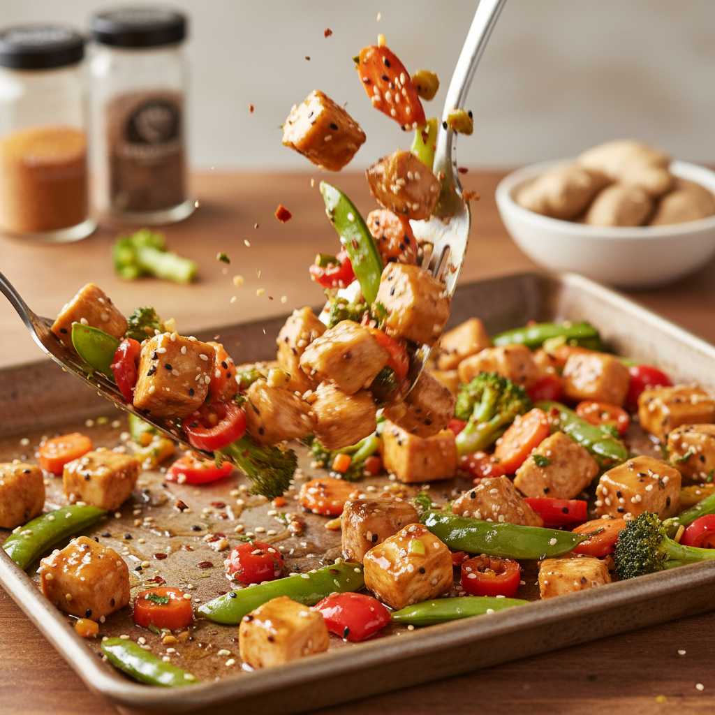 Chicken and vegetables mixed with sauce on the baking sheet