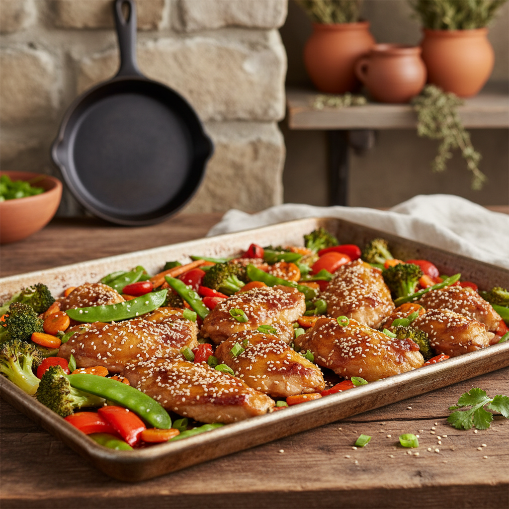 Serving suggestion for Sheet Pan Sesame Chicken and Veggies