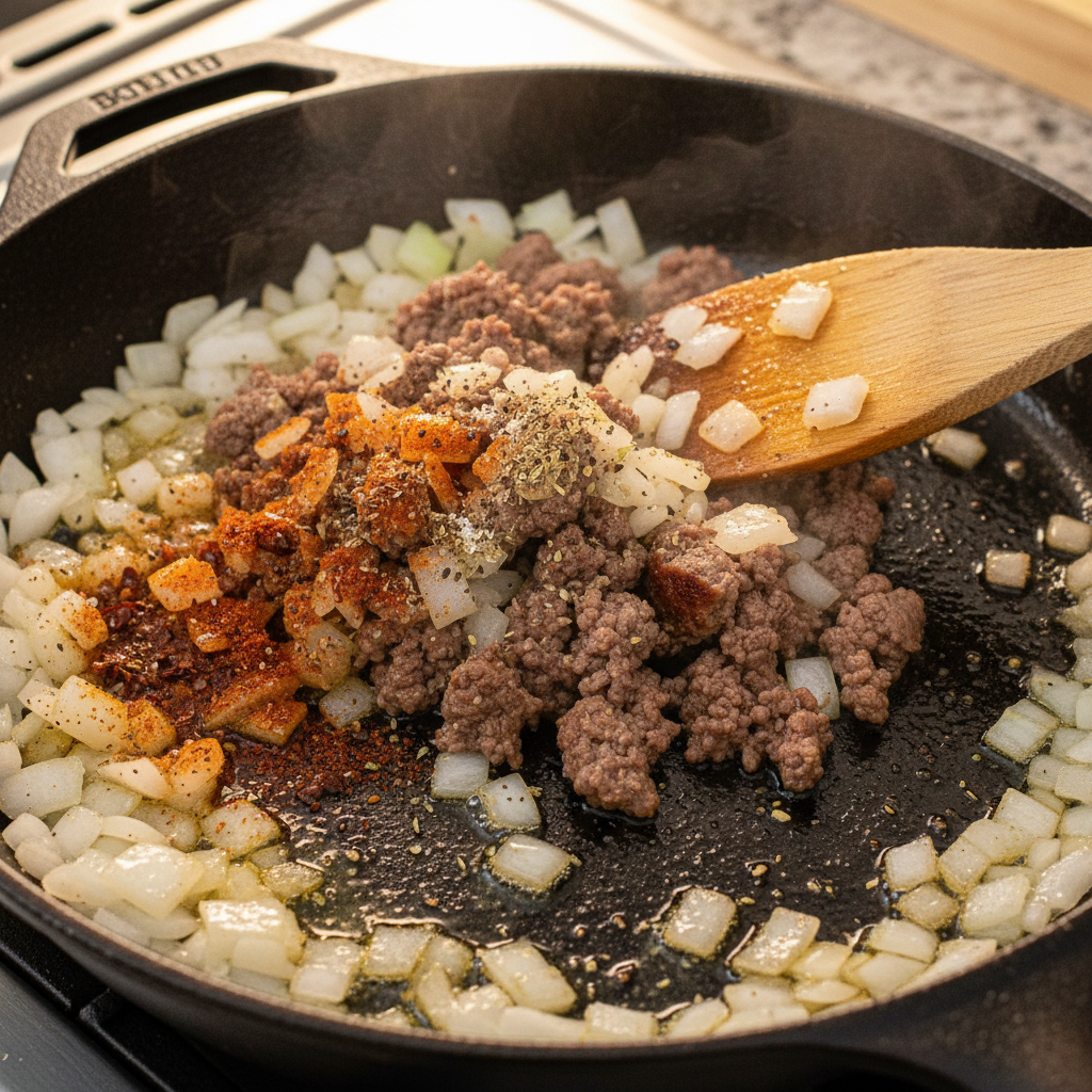 Ground beef browned in skillet