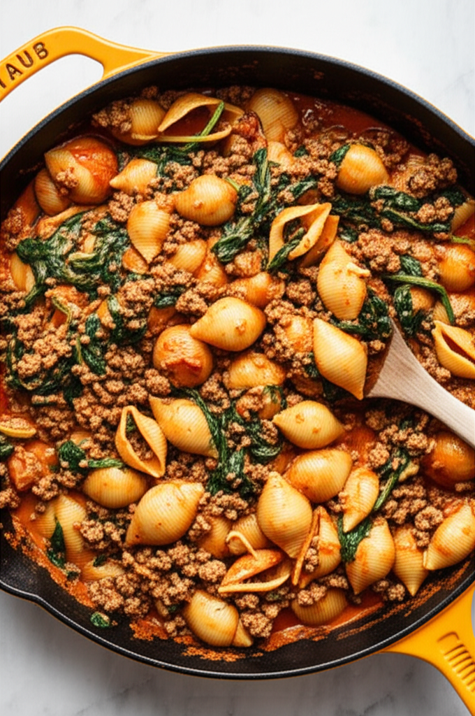 Ground beef pasta dinner plated