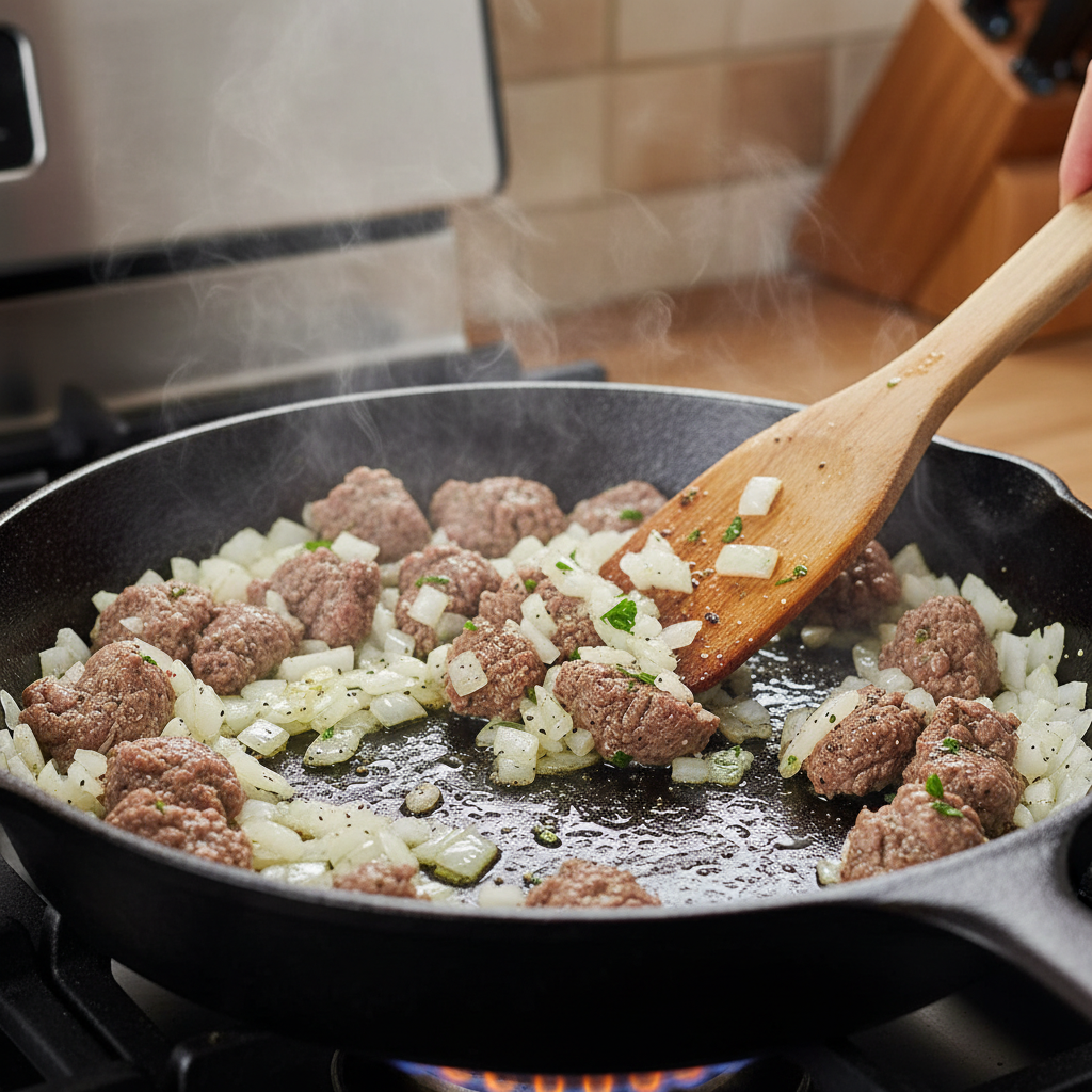 Cooking ground beef and onions in skillet