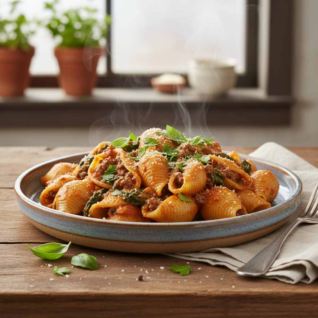 Prepared Simple Ground Beef Shells Skillet ready to serve with garnishes