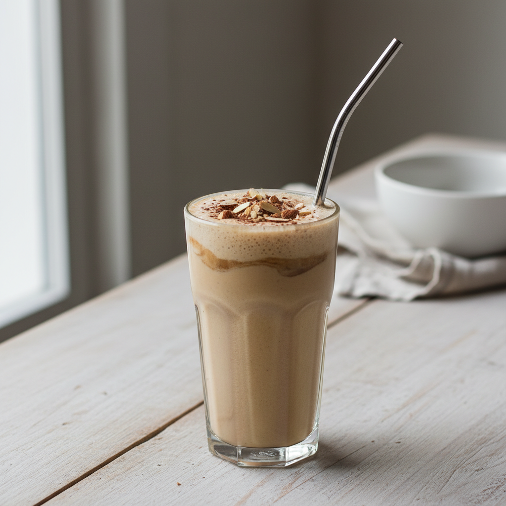 Glass of almond coffee smoothie with chocolate and almonds on top