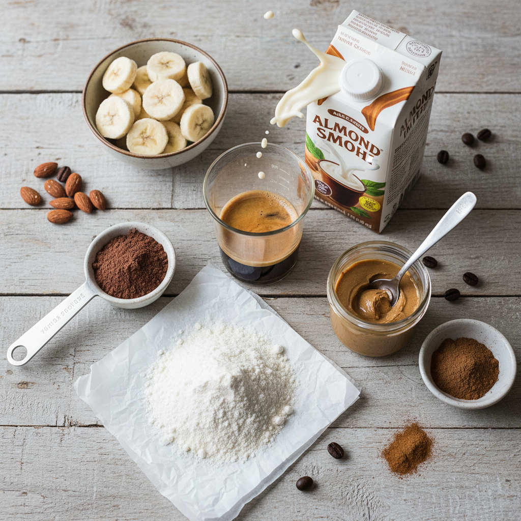 Ingredients for Skinny Almond Coffee Protein Smoothie