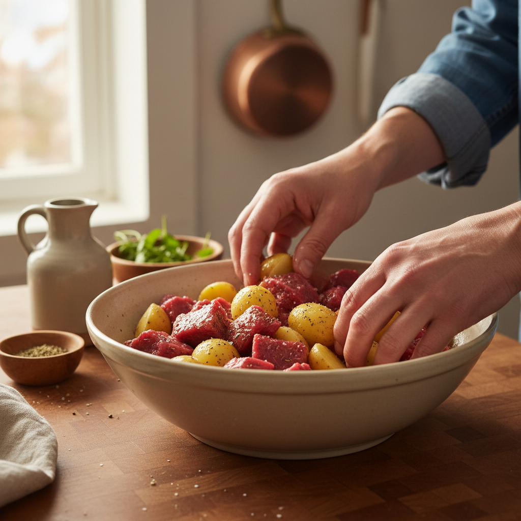 Searing beef cubes in skillet