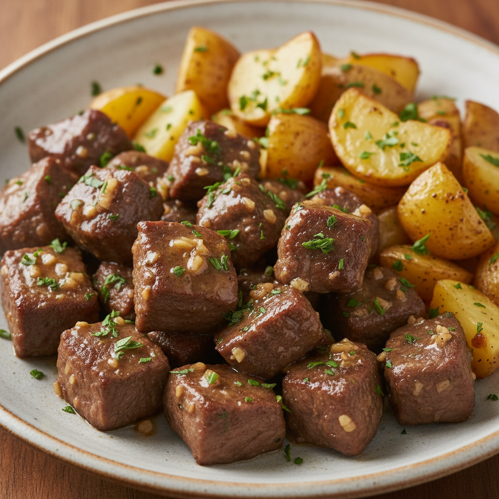 Parsley garnish on garlic butter beef bites with potatoes